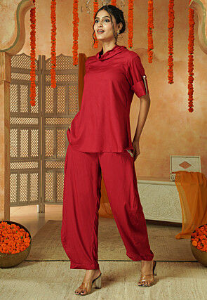 Solid Color Rayon Co Ord Set in Red