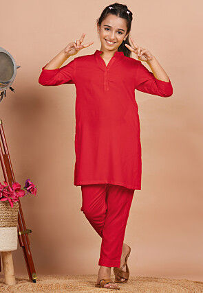 Solid Color Rayon Co Ord Set in Red