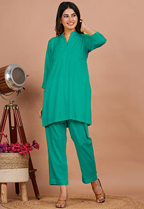 Solid Color Rayon Co Ord Set in Sea Green