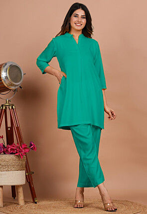 Solid Color Rayon Co Ord Set in Sea Green