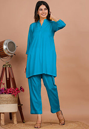 Solid Color Rayon Co Ord Set in Turquoise
