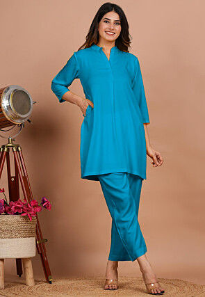 Solid Color Rayon Co Ord Set in Turquoise