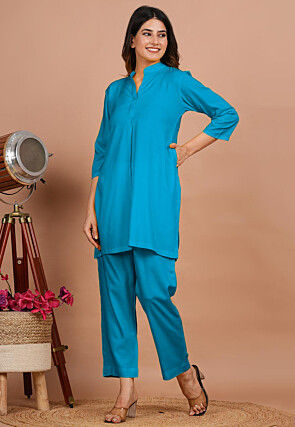 Solid Color Rayon Co Ord Set in Turquoise