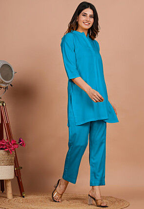 Solid Color Rayon Co Ord Set in Turquoise