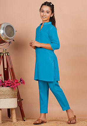 Solid Color Rayon Co Ord Set in Turquoise