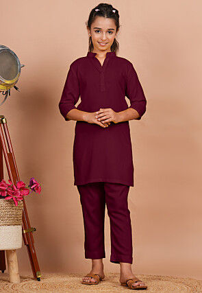 Solid Color Rayon Co Ord Set in Wine