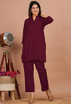 Solid Color Rayon Co Ord Set in Wine