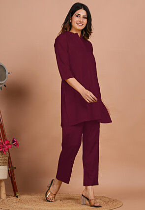 Solid Color Rayon Co Ord Set in Wine