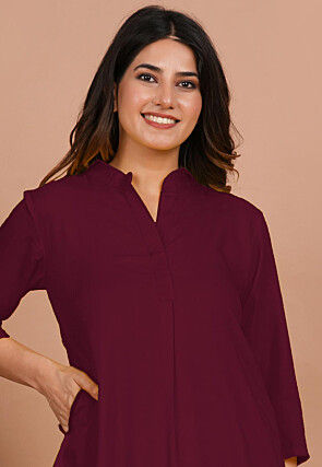 Solid Color Rayon Co Ord Set in Wine