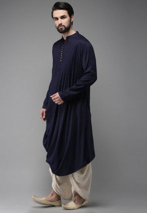 Solid Color Rayon Cotton Cowl Style Dhoti Kurta in Navy Blue