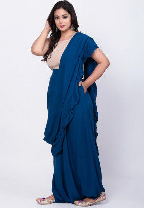 Solid Color Rayon Cotton Slub Cowl Pant in Dark Blue