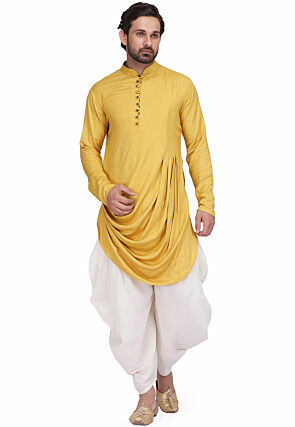 Solid Color Rayon Cowl Style Dhoti Kurta in Yellow