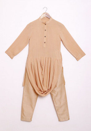 Solid Color Rayon Cowl Style Kurta Set in Beige