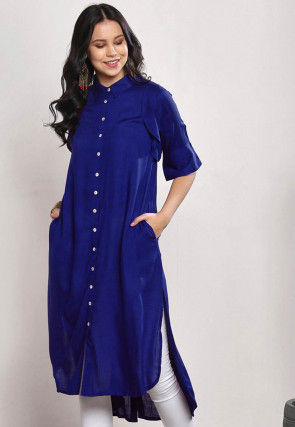 Solid Color Rayon High Low Kurta in Royal Blue