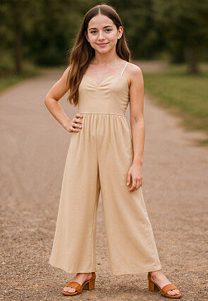 Solid Color Rayon Jumpsuit in Beige