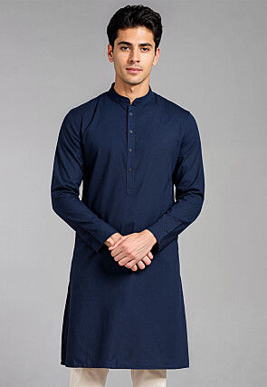 Solid Color Rayon Kurta in Navy Blue