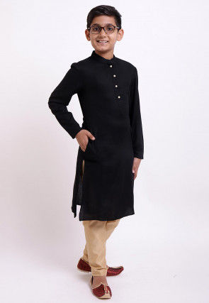 Solid Color Rayon Kurta Set in Black