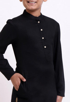 Solid Color Rayon Kurta Set in Black