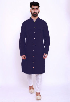 Solid Color Rayon Kurta Set in Navy Blue