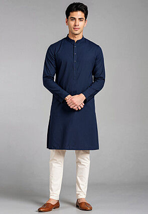 Solid Color Rayon Kurta Set in Navy Blue