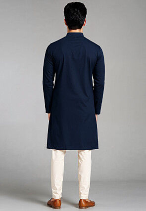 Solid Color Rayon Kurta Set in Navy Blue