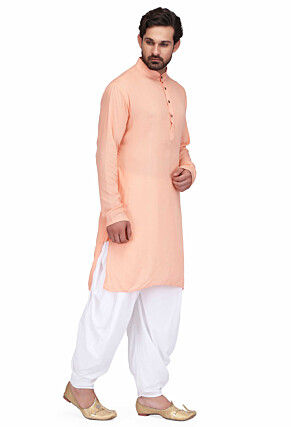 Solid Color Rayon Kurta Set in Peach Orange