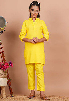Solid Color Rayon Kurta Set in Yellow