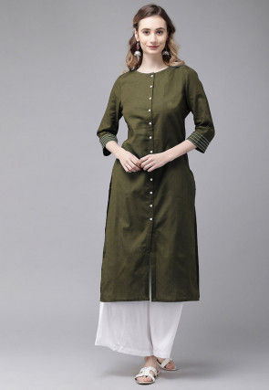Solid Color Rayon Kurta with Palazzo in Dark Olive Green
