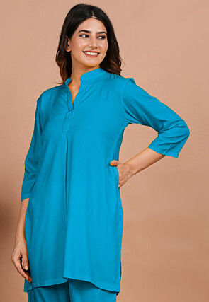 Solid Color Rayon Kurti in Turquoise
