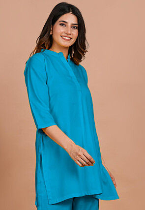 Solid Color Rayon Kurti in Turquoise