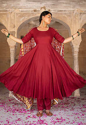 Solid Color Rayon Pakistani Suit in Maroon
