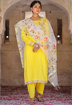 Solid Color Rayon Punjabi Suit in Yellow