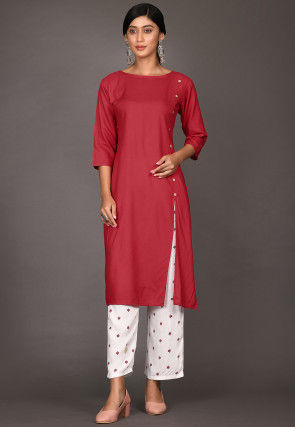 Solid Color Rayon Side Slit Pakistani Suit in Red