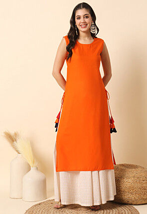 Solid Color Rayon Straight Kurta in Orange
