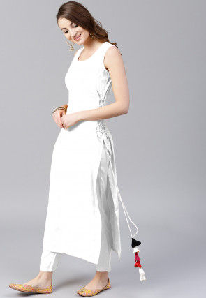 Solid Color Rayon Straight Kurta Set in White
