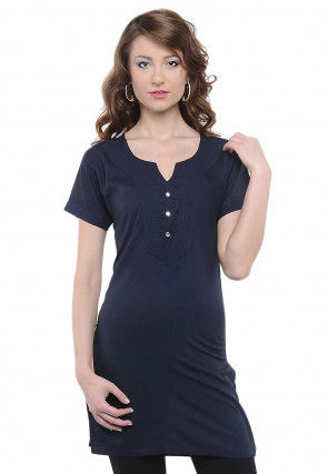 Solid Color Rayon Straight Kurti in Navy Blue