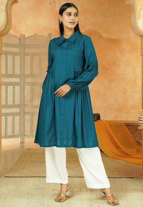 Solid Color Rayon Tunic Set in Teal Blue