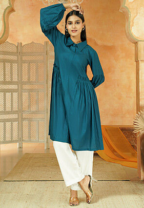 Solid Color Rayon Tunic Set in Teal Blue
