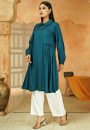 Solid Color Rayon Tunic Set in Teal Blue