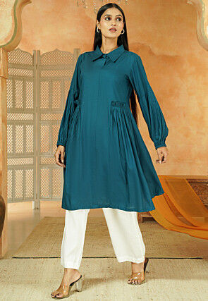 Solid Color Rayon Tunic Set in Teal Blue