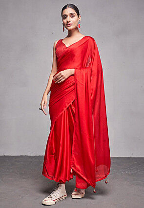 Solid Color Satin Chiffon Saree in Red