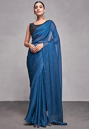 Buy Solid Color Satin Chiffon Saree in Teal Blue Online SPF10220 Utsav Fashion