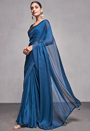 Solid Color Satin Chiffon Saree in Teal Blue