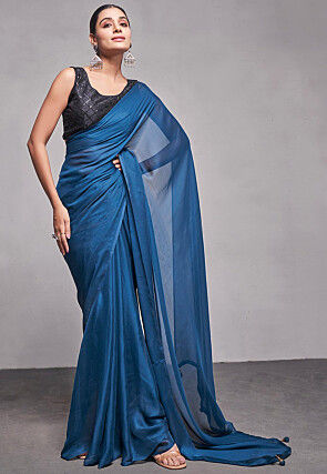 Solid Color Satin Chiffon Saree in Teal Blue