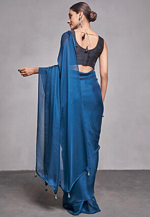 Solid Color Satin Chiffon Saree in Teal Blue