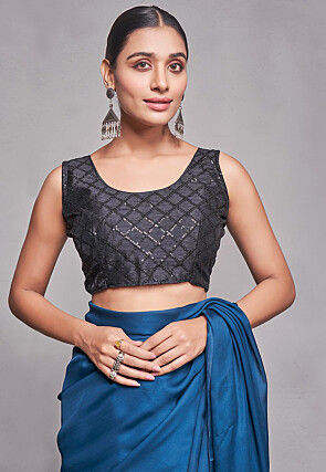 Solid Color Satin Chiffon Saree in Teal Blue