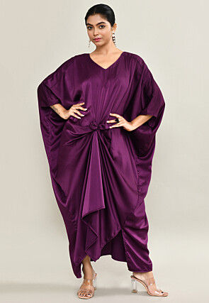 Solid Color Satin Kaftan Style Gown in Violet