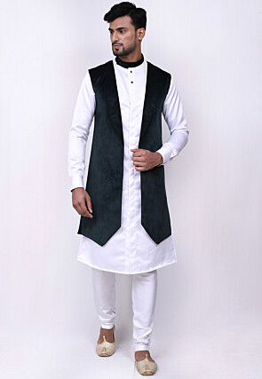 Solid Color Satin Kurta Jacket Set in White and Dark Teal Green