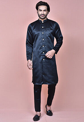 Solid Color Satin Kurta Set in Black