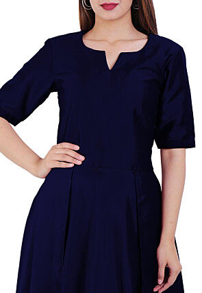 Solid Color Satin Layered Kurta in Navy Blue